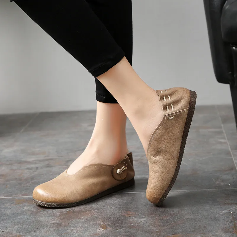 

MVVJKE 2020 New Spring / Fall Genuine Leather Casual Round Toe Slip-On Fashion Solid Shallow Flat Women Shoes