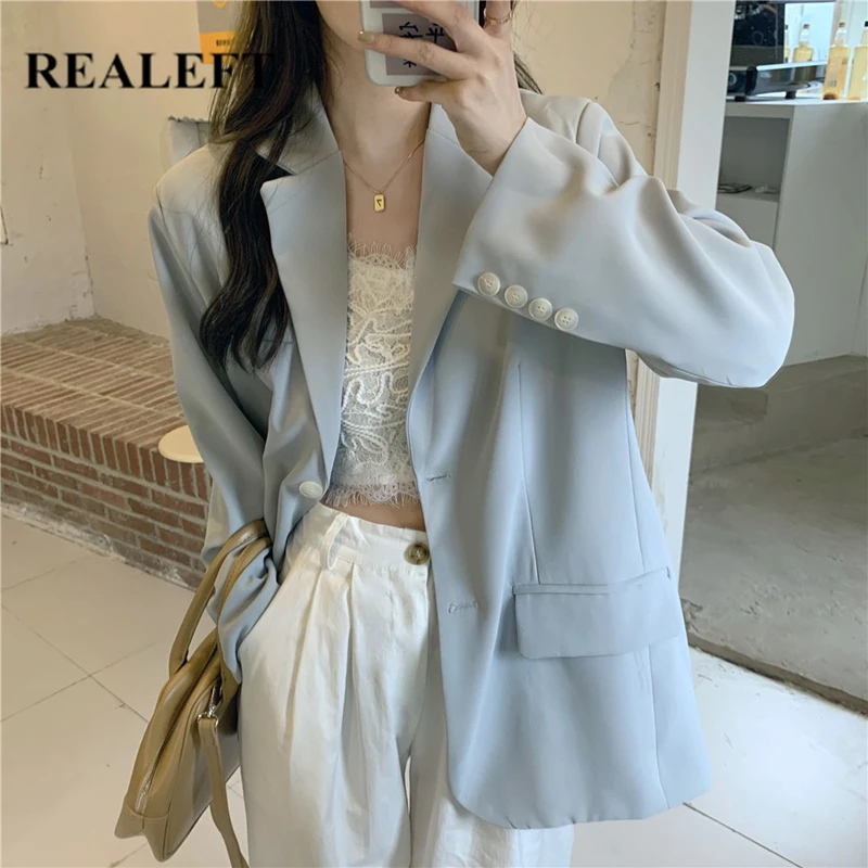 

REALEFT New 2021 Autumn Winter Loose Single Breasted Women's Blazers Female Formal Jackets Elegant Casual Outerwear Chic Tops