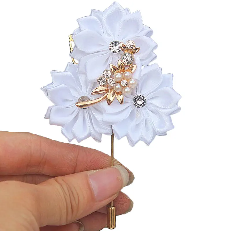 Чистые белые атласные цветы свадебная корсажная булавка с золотыми листьями и