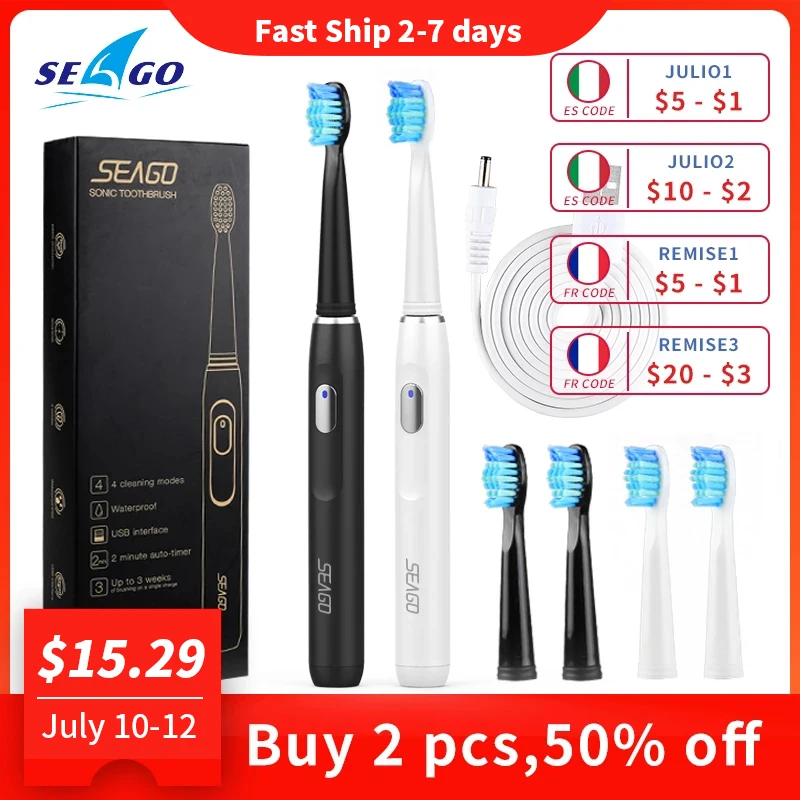 

SEAGO Electric Toothbrush Rechargeable Buy One Get One Free Sonic Toothbrush 4 Mode Travel Toothbrush with 3 Brush Head Gift