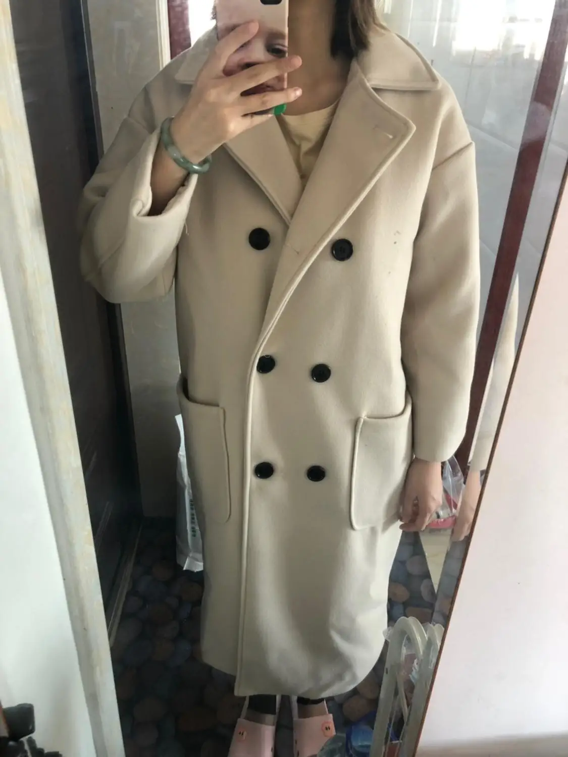 

Korean Style Women Wool Coat Winter Beige Black Casual Loose Overcoat Oversize Double-Breasted Long Wool Blends Outwears Office