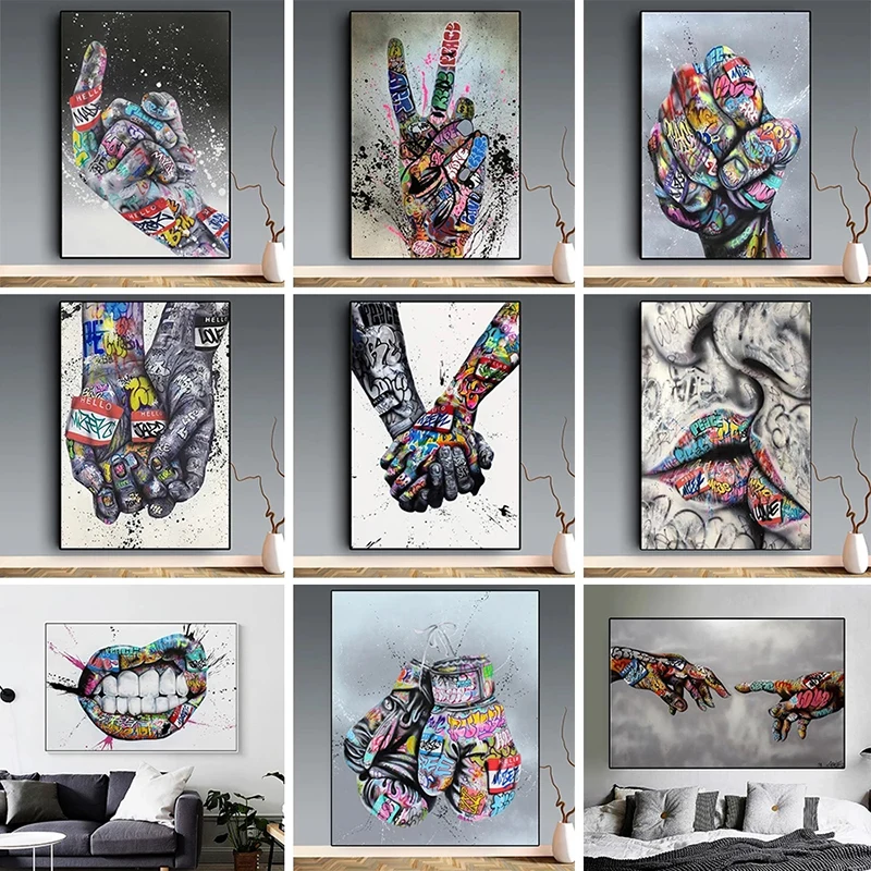 

Street Graffiti Art Lover Kissing Canvas Painting Posters and Prints Abstract Hand Wall Art Picture for Living Room Home Decor