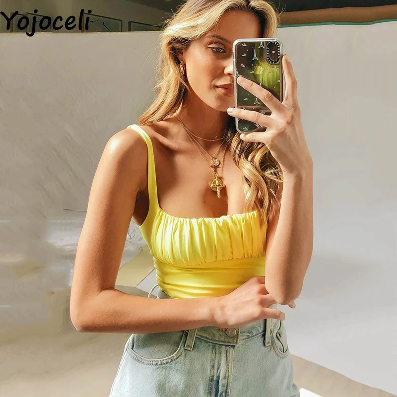 Женский плиссированный топ Yojoceli короткий на бретельках летний базовый пляжный