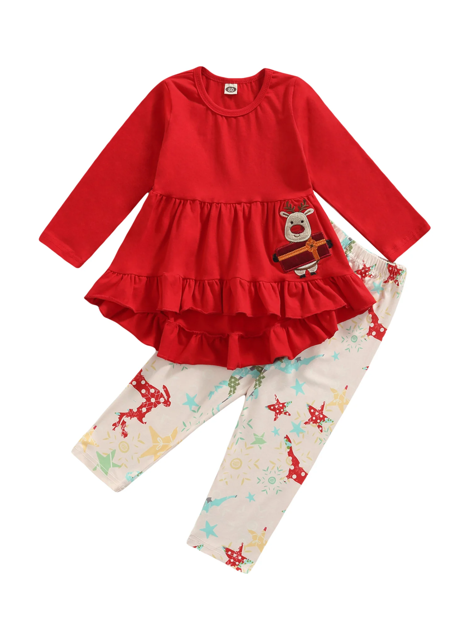 

Baby Christmas Suits Sets Outfits Long Sleeve Trouser Elk Embroidery Cartoon Print Ruffle Decoration Festive Clothing