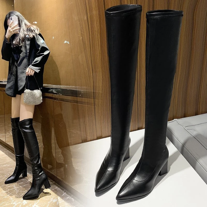 

Новинка 2022, зимние стильные рыцарские ботинки на среднем массивном каблуке с флисовой подкладкой, женские высокие сапоги на высоком каблук...