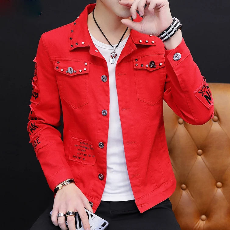 

Men`s Spring And Autumn Jeans Coat Men's Korean-style Fashion Students Handsome Rivet Studded Denim Jacket Street Style