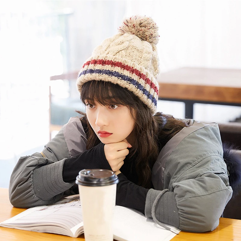 Fashion Kawaii Winter Warm Pompon Knitted Hats Women Harajuku Thick Striped Hat Female Skullies Beanies Outdoor Caps Girls Sweet |