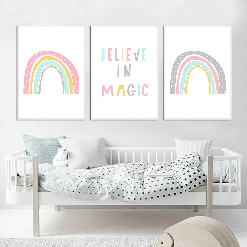 Colorful Rainbow Nursery Canvas Painting Print Believe In Magic Quotes Posters Pink Wall Art Decor Picture Kids Room | Дом и сад