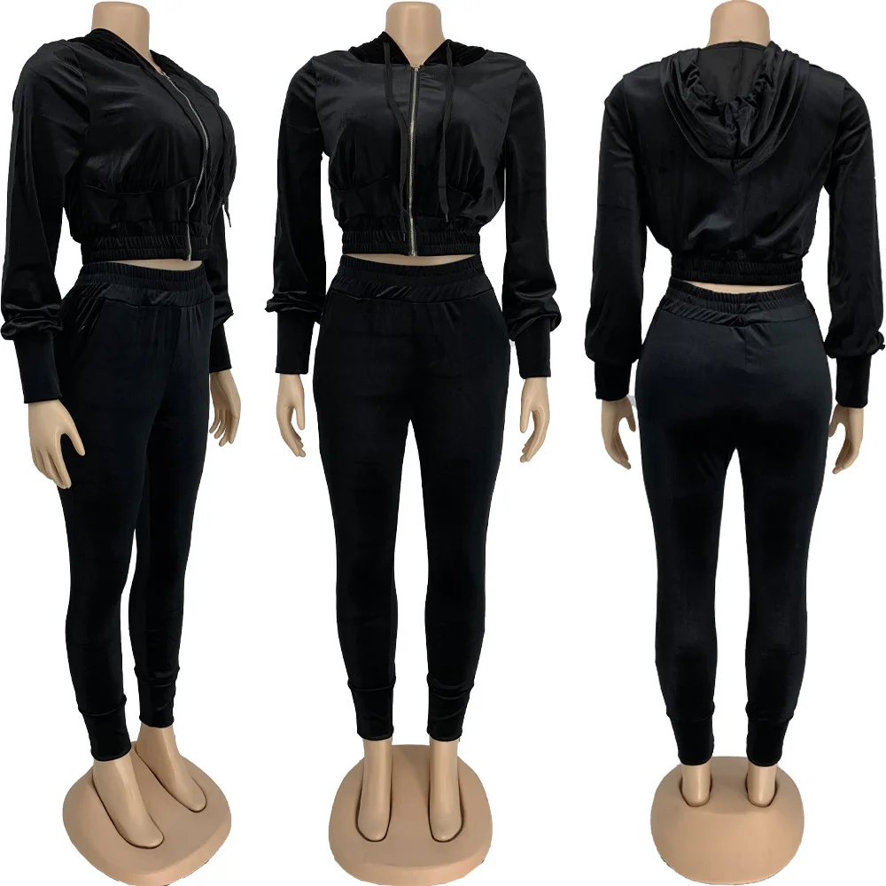 

Fashion hooded two-piece jogging women's zipper top + pants suit sportswear sportswear ladies suit solid color wholesale