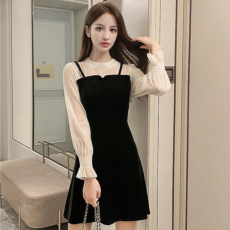 

Женское вельветовое шифоновое платье, элегантное приталенное платье из двух частей с длинным рукавом, Осень-зима 2021