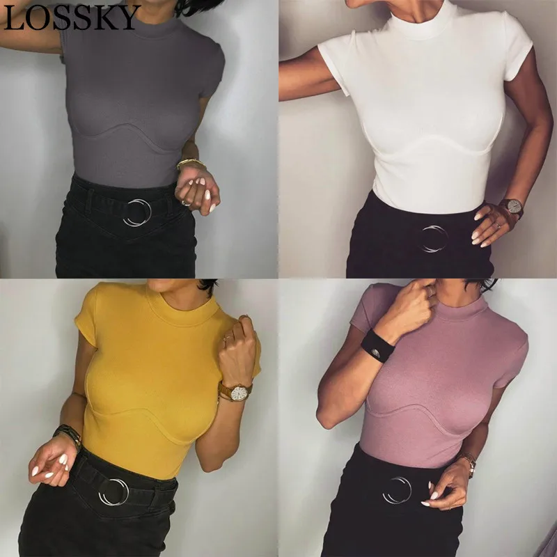 Женская летняя облегающая Сексуальная футболка для увеличения груди однотонный