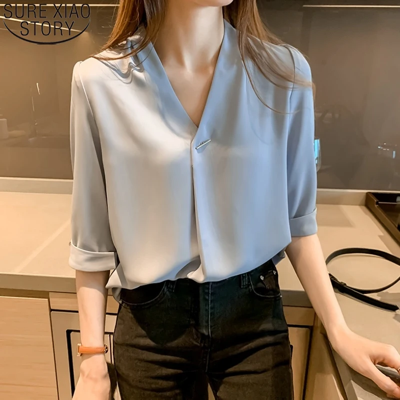 

Office Lady Chiffon Shirt Summer Fashion Short Sleeve Women Blouses 2022 New V-neck Loose Thin Vintage Tops Blusas Mujer 15375
