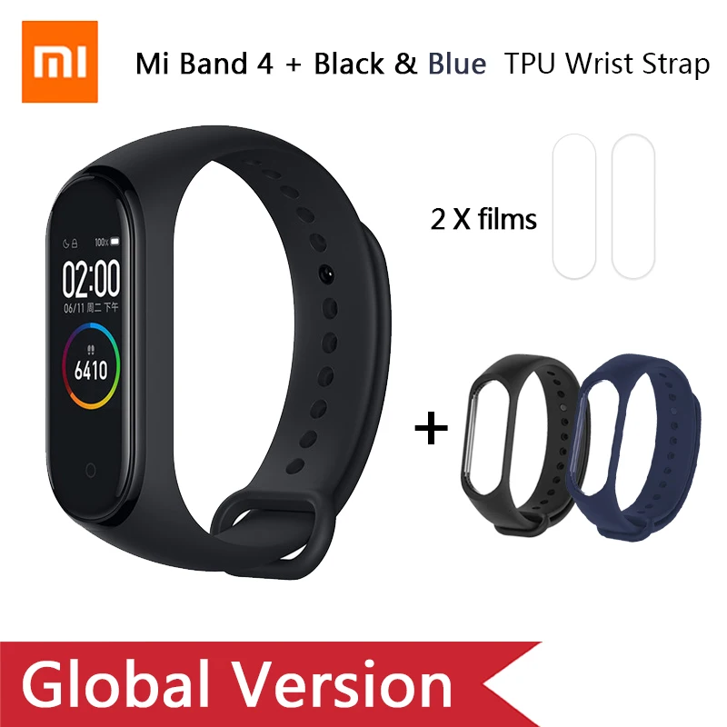 Ad Black Blue strap Глобальная версия, Xiaomi mi-браслет 4 mi Band 4, музыкальный цветной экран, фитнес-частота сердечных сокращений, Bluetooth 5,0, умные часы, Russina - Цвет: Ad Black Blue strap