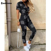 women fashion letter print jumpsuits sexy femme clothing 2021 summer belted trousers slim fit rompers short sleeve bodysuits