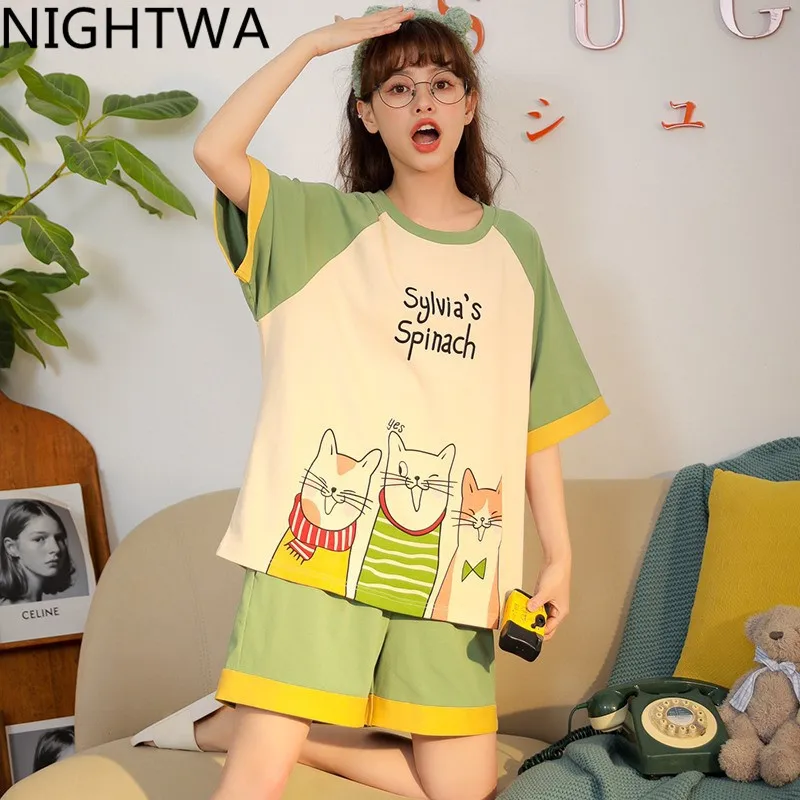 

NIGHTWA Summer Cartoon CottonPajamas Set Women Pyjamas Women Sleepwear Night suits Pijama Mujer Home Wear Women Nightwear