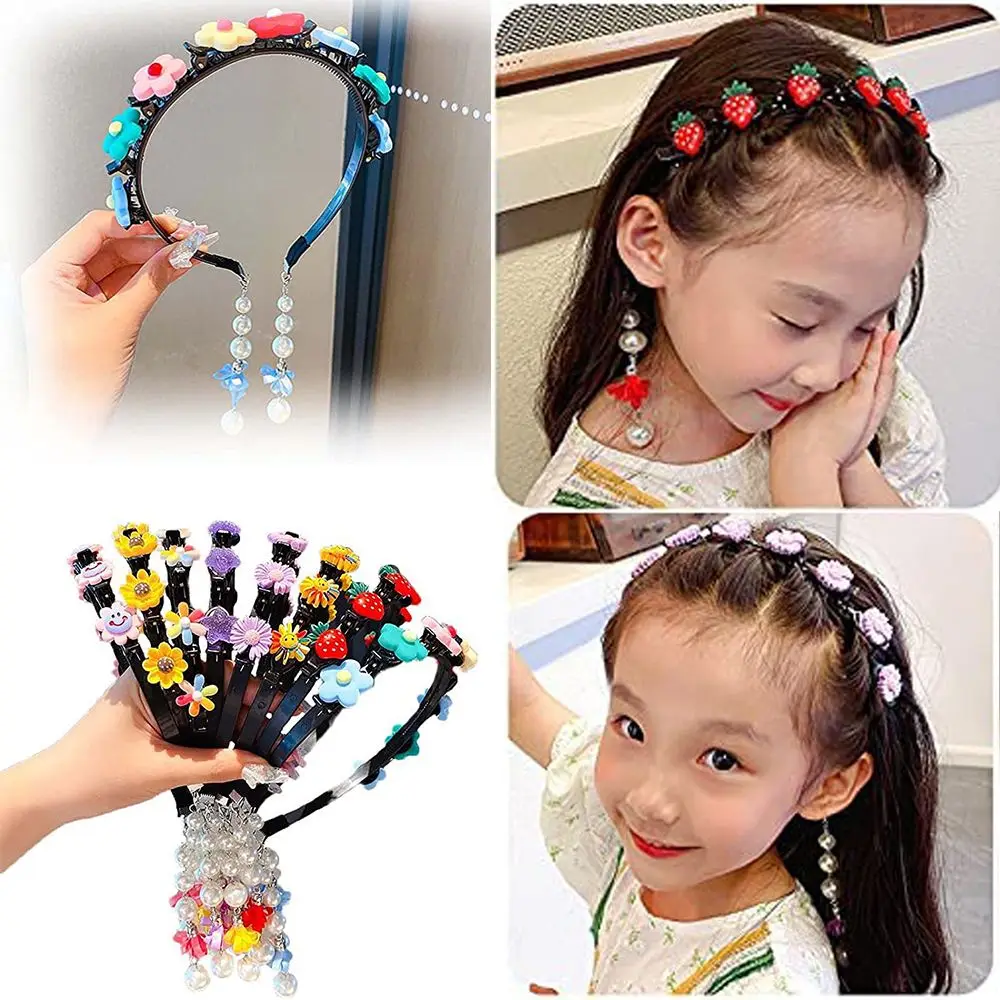 

Plait Hair Tools Cartoon Girl Sweet Fake Earrings Pendant with Pearl Tassel Headband Double Layer Hairpin with Clips