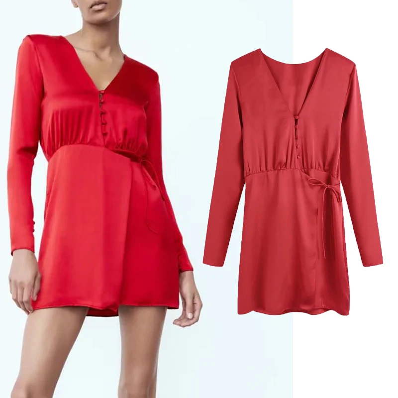

ZA Spring Summer Women Solid Mini Bow Dress 2022 New V-neck Long Sleeve Elegant Tops Drawstring Party A-line Fashion Outfits