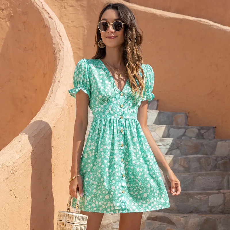 

QWEEK Summer Casual Women's Dresses 2021 Floral Print Green Short Sleeve Wrap Mini Dress Staple Beach Holiday Vacation Sundress