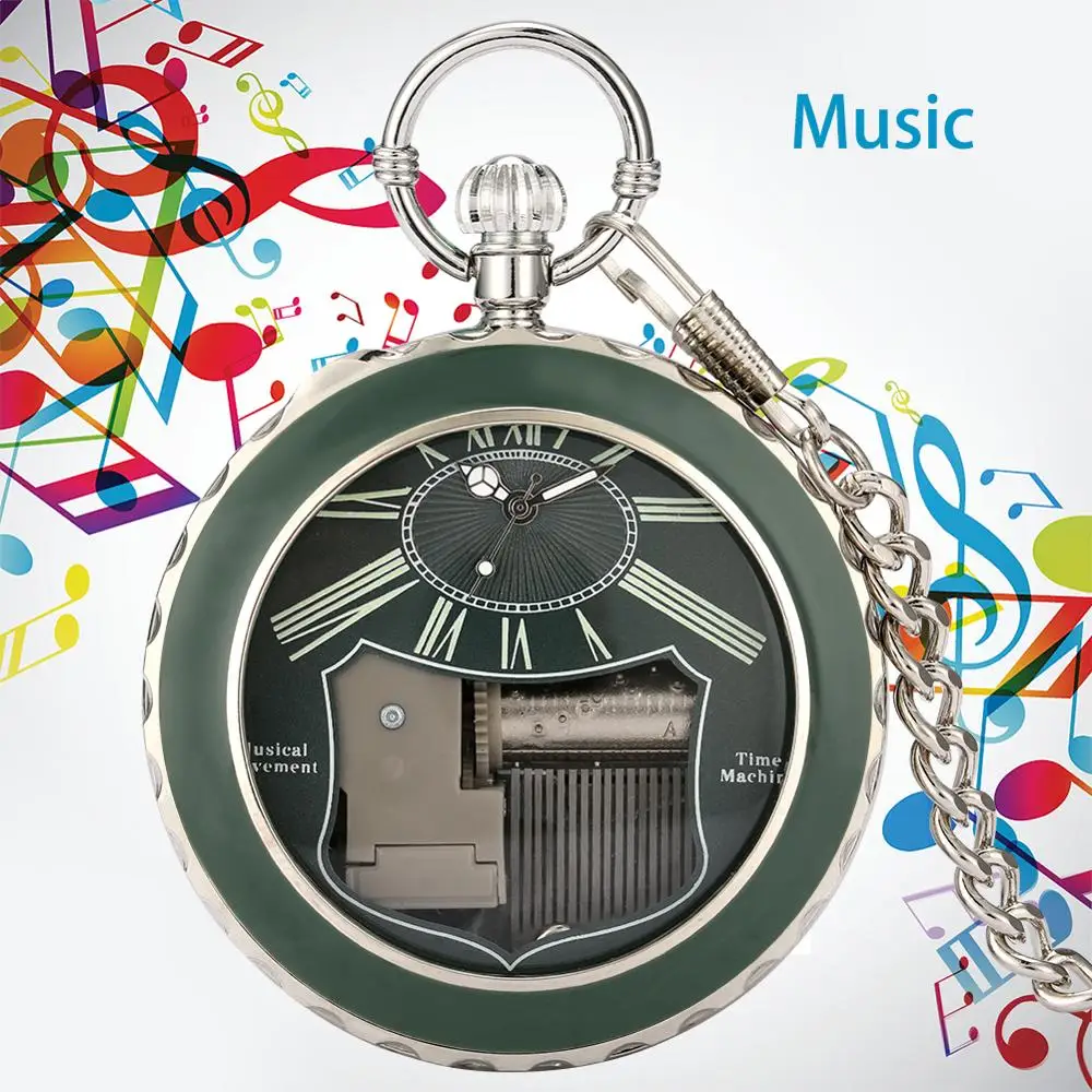 Steampunk Pocket Watch Man Hand Crank Music Quartz Pocket Watch Green Case Roman Numeral Dial Woman Watch Music Pendant Gift