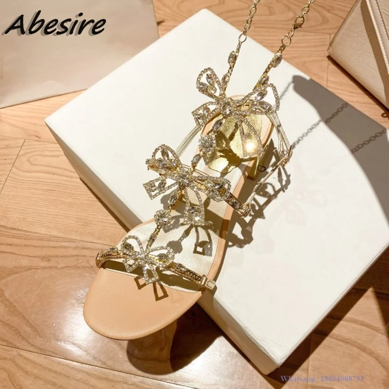 

Abesire New Women's Sandals Gold Crystal Chain Decor Bow Knot High Heels Summer Shoes For Women Fashion Stilettos zapatos mujer