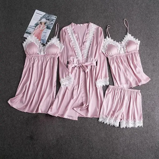 Pink 4PCS Женское сексуальное кружевное кимоно, халат, атласное однотонное платье для свадьбы, невесты, подружек невесты, ночная рубашка, кружевное вискозное Женское ночное белье, пижама - Цвет: Pink 4PCS
