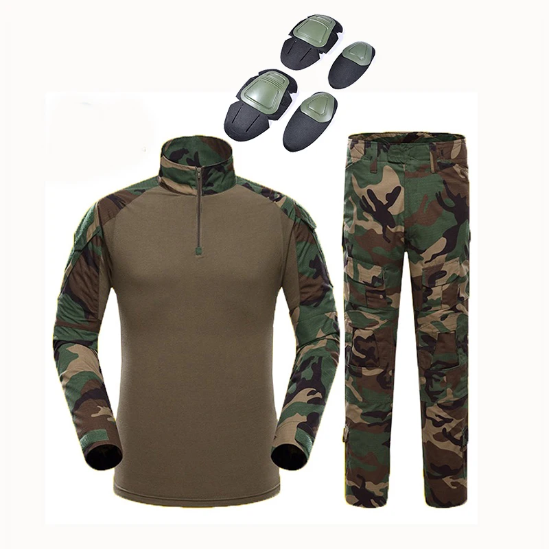 Woodland Camo Армейская Военная Униформа камуфляж тактический боевой костюм страйкбол военная игра одежда рубашка+ брюки налокотники наколенники - Цвет: Woodland Camo