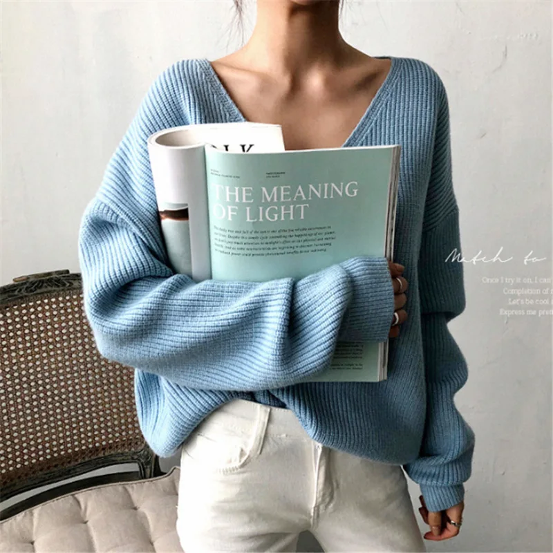 

Korean V-Neck Loose Solid 2021 Autumn Sweater Spring Women Warm Thick Pullover Office Lady All Match Knitwear Bottoming Sweater