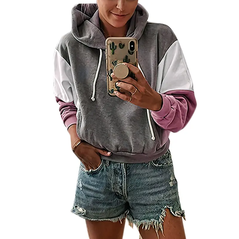 

Drawstring Hooded Sweatshirts for Women Color Matching Full Sleeve Hoodies Loose Casual Spring Autumn Sweatshirts Mujer