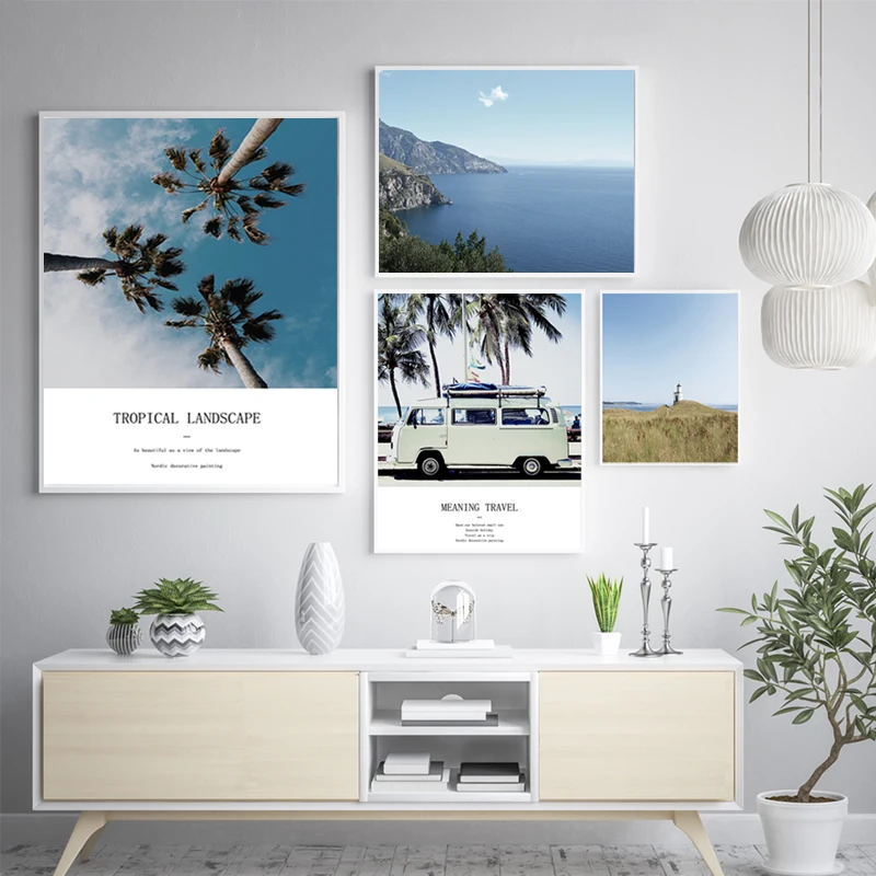 

Modern Nordic Scandinavian Tropical Landscape Posters Prints Sea Beach Bus Palm Tree Wall Art Canvas Painting Decoration Picture