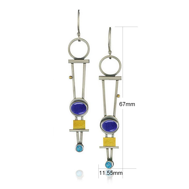 Женские длинные серьги с камнем ажурные двухцветные металлические