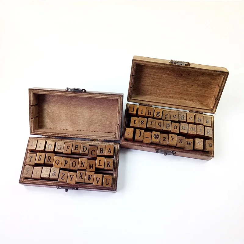 

5box Vintage Wooden Craft Box Alphabet Letter Stamp Design Uppercase&Lowercase Letter Retro Rubber Stamp Set Standard