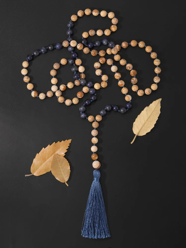 

OAIITE Natural Picture Jasper Lapis Beads Necklaces Knotted Chain Necklace With Tassel For Femme Male Prayer Meditation Jewelry