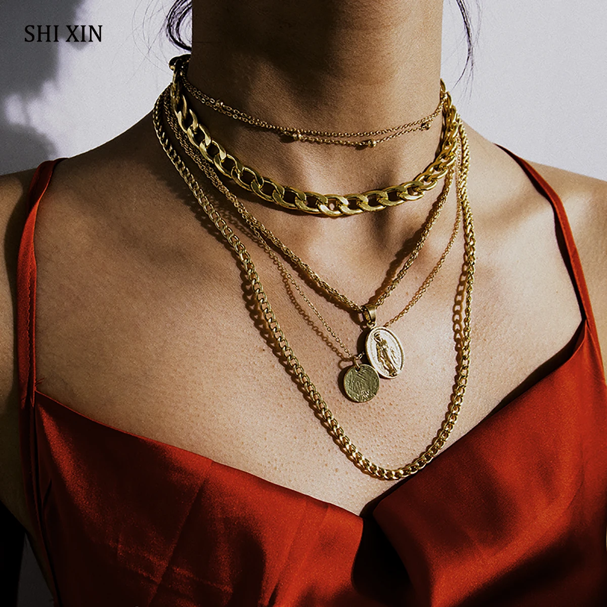 SHIXIN увеличенное ожерелье в стиле хип-хоп с золотой/серебряной цепочкой, многослойное ожерелье в стиле панк для женщин, ожерелье с кулоном в виде монетки Девы Марии