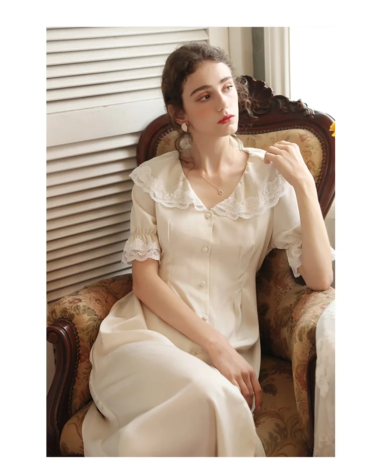

Princess Style Nightgown for Women 2021 New Silk Lace Edge Cardigan Short Sleeve Nightdress Court Satin Solid Pajamas Summer