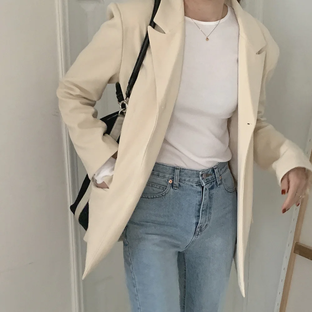 

대민민민2021 абрикосовые жакеты, нежные офисные женские топы, Блейзер, минималистичный Свободный Тонкий элегантный офисный Однотонный женский...