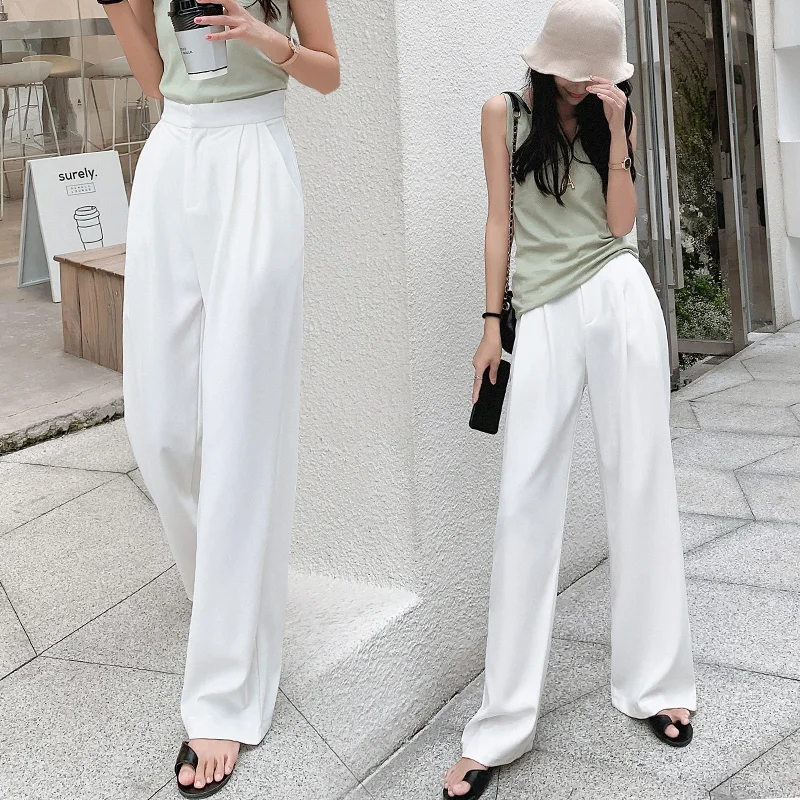 

Summer OL Style White Women Pants Chic Wide Leg Pant High Waist Elegant Work Trousers Female Casual Pants pantalon femme
