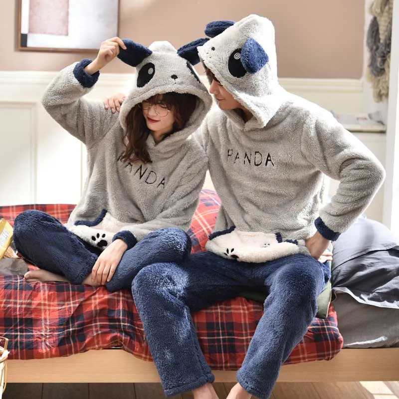 Унисекс, Пижама для взрослых и пар, Мужская зимняя бархатная одежда для сна, комплект из 2 предметов, теплая Фланелевая пижама с рисунком животных, милая домашняя одежда