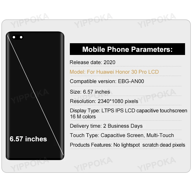 Pantalla LCD de repuesto para m&oacute;vil, piezas de repuesto para Huawei Honor 30 Pro Digitalizador de pantalla t&aacute;ctil, 6,57 pulgadas, EBG-AN00-1
