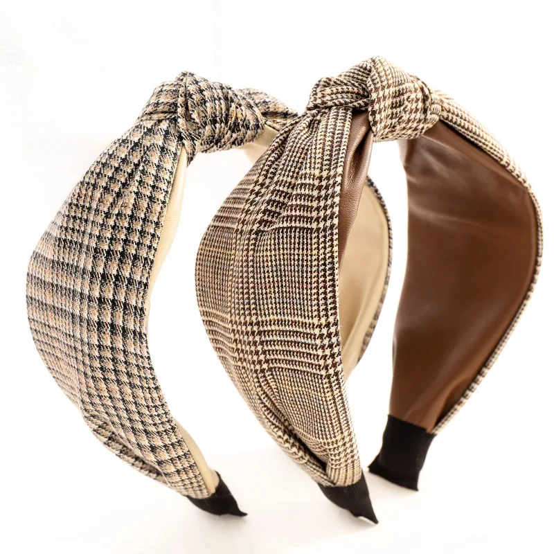 

Elegant Leather Houndstooth Headband Japan Korean Hair Accessories Plaid Top Knot Headbands for Women and Teenagers
