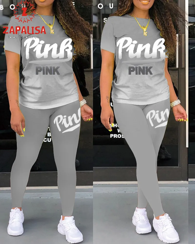 

Women Summer Casual 2 Piece Outfits O-Neck Short Sleeve Gradient Letter Print T-Shirts+Elastic Waist Slim Hips Pencil Pants