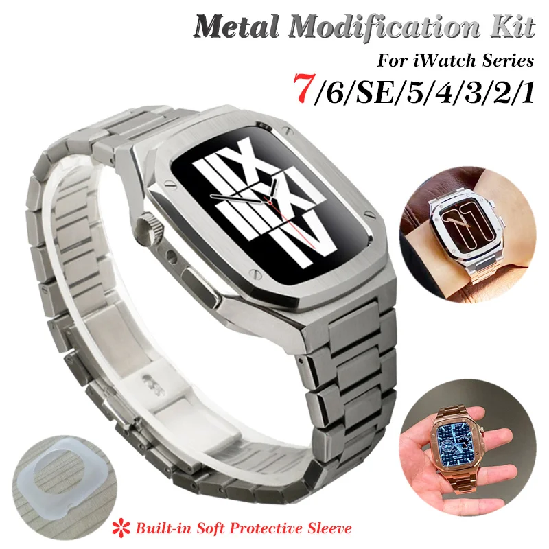 

45mm 41mm Stainless Steel Band Set for Apple Watch Band 40 44mm Metal Watch Case for iWatch Series 7 6 SE 5 4 3 Modification Kit