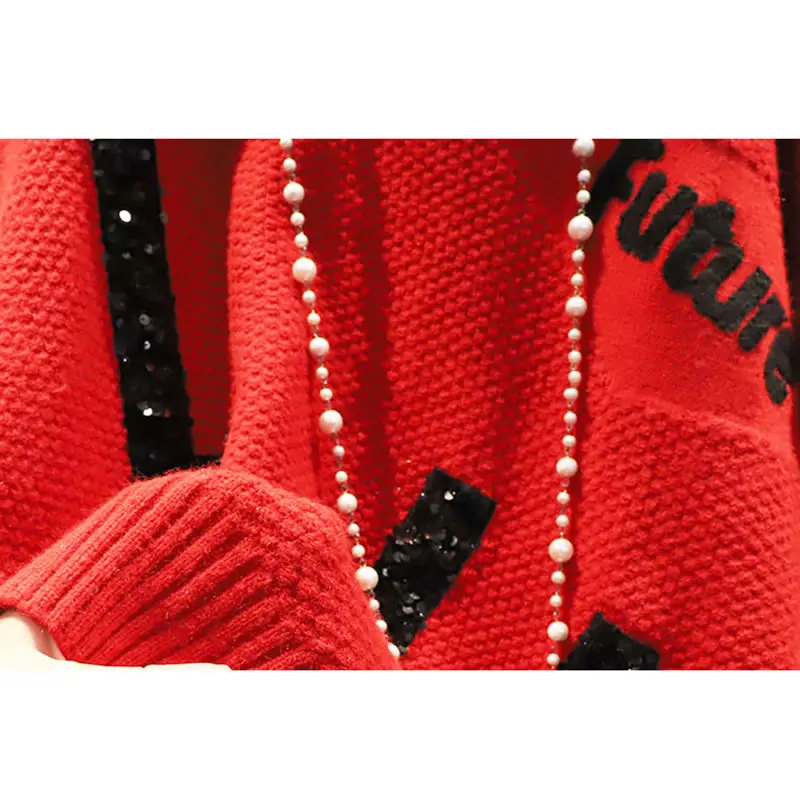 

XITAO Contrast Color Sweater Knitting Letter Splicing Sequined Winter Fashion O-neck Collar Pullover Loose Casual Women ZY3411