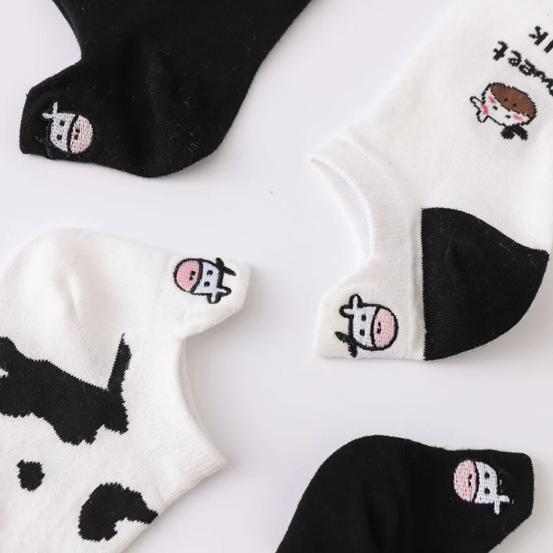 

3 Pairs Women's Set Socks Ankle Female Kawaii Cartoon Cow Print Embroidery Ins Pure Cotton Student Black White Sokken Short Cute