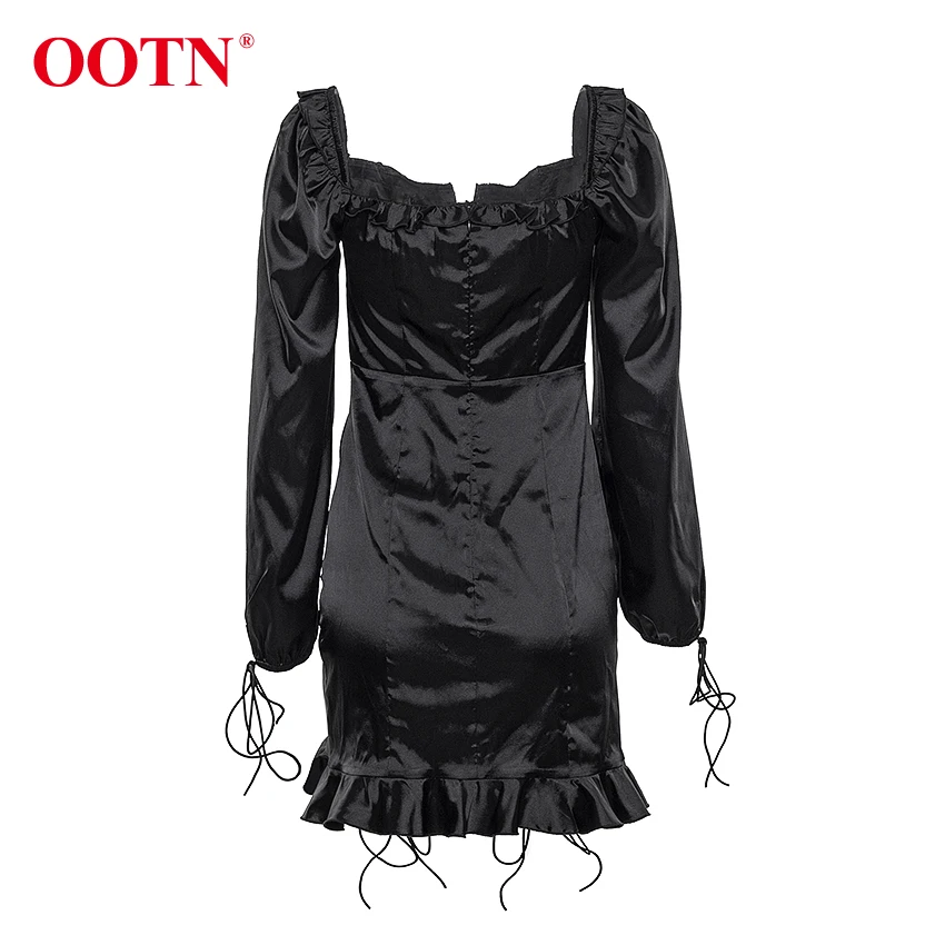 OOTN, сексуальное сатиновое платье с открытыми плечами и рюшами, мини-платье с рюшами и завязками, женское черное элегантное платье с длинным рукавом