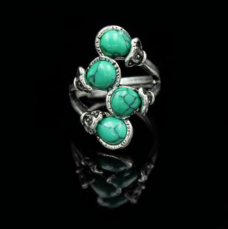 Fashion Bohemia Calaite Stone Rings Tibet Antique Silver Color Rings Alloy Carving Rings Leaf Branch Finger Rings For Women
