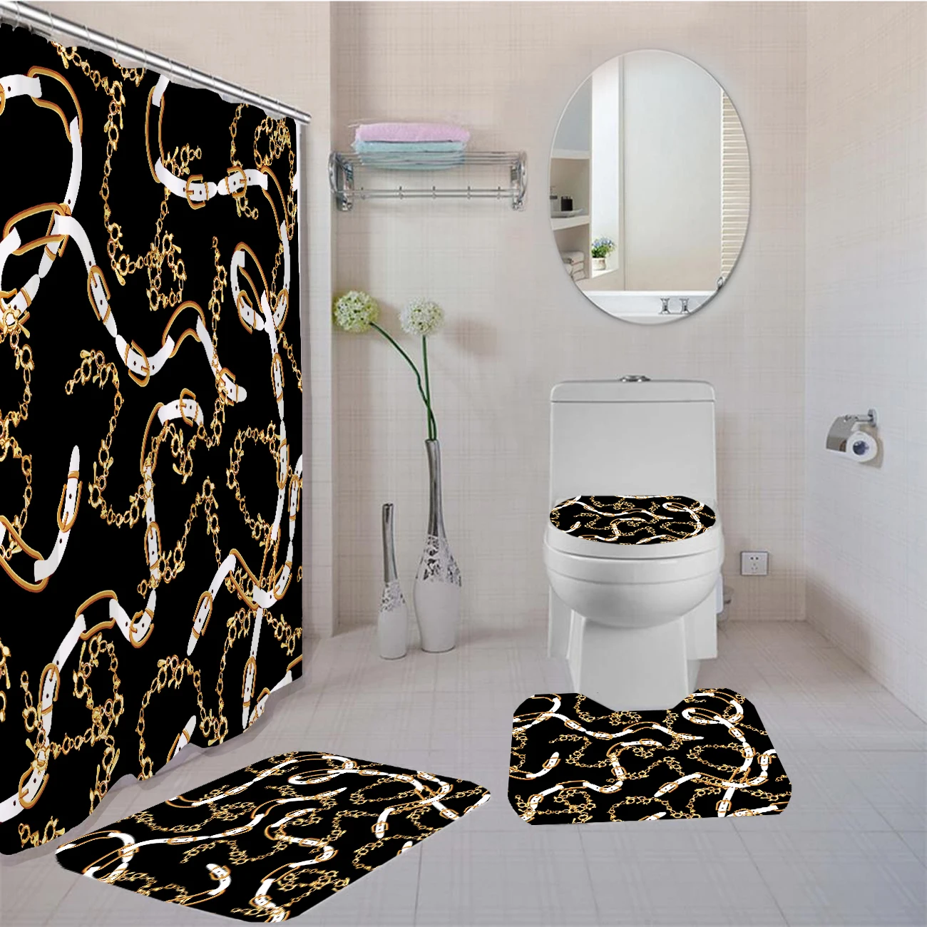 4 Pieces Retro Golden Chain Shower Curtain Sets With Bath Rug Toilet Cover Floor Mat Waterproof Bath Curtain Vintage Style enlarge