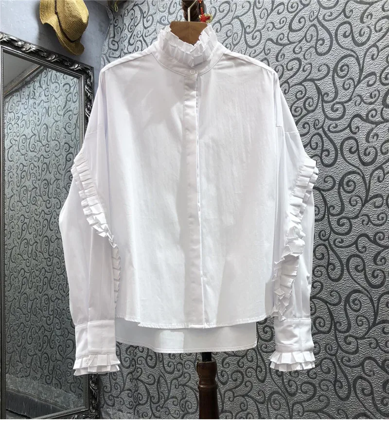 2022 Spring Summer Fashion Cotton Shirts High Quality Women Cascading Ruffle Deco Long Sleeve Casual White Blouse Striped Shirts