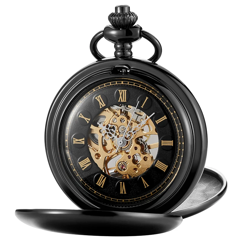 Roman Numeral Number Mechanical Pocket Watch Skeleton Smooth Black Dual Case Dial Male Fob Chain Clock for Men Women Collection