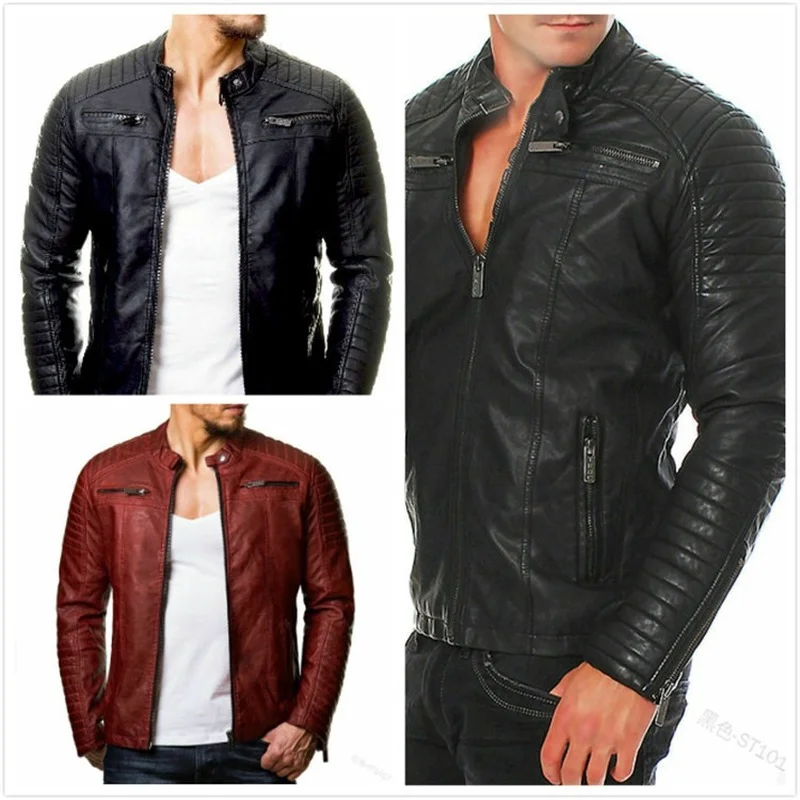 

2021 European and American men's cotton leather jacket large size slim fashion motorcycle pu jacket color stand-up collar jacket
