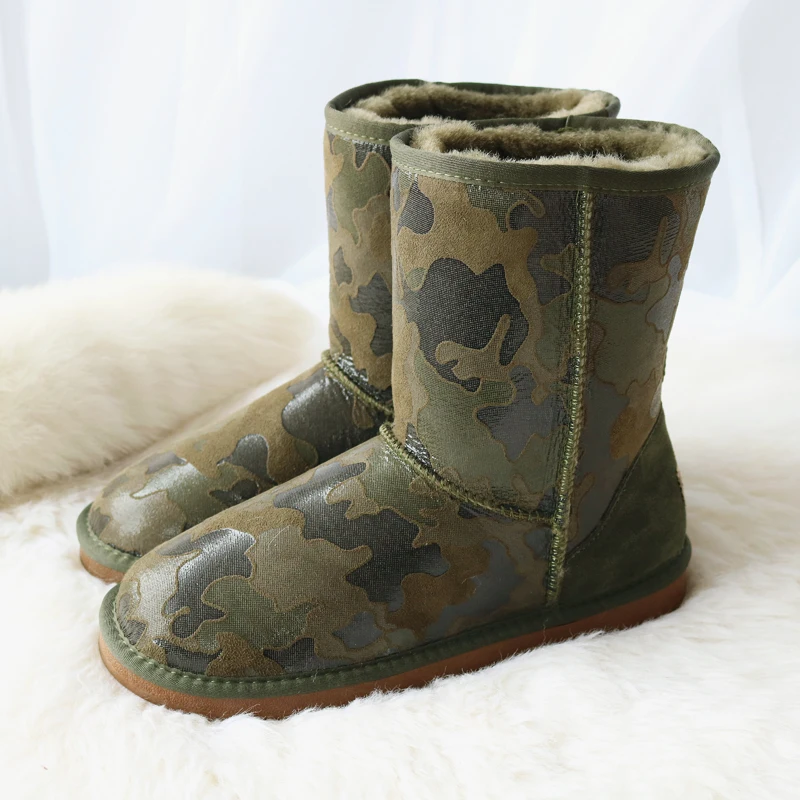 Green camouflage G& ZaCo/роскошные зимние женские ботинки из овечьей кожи; ботинки до середины икры на натуральном овечьем меху; хлопковая обувь; нескользящие камуфляжные шерстяные ботинки - Цвет: Green camouflage